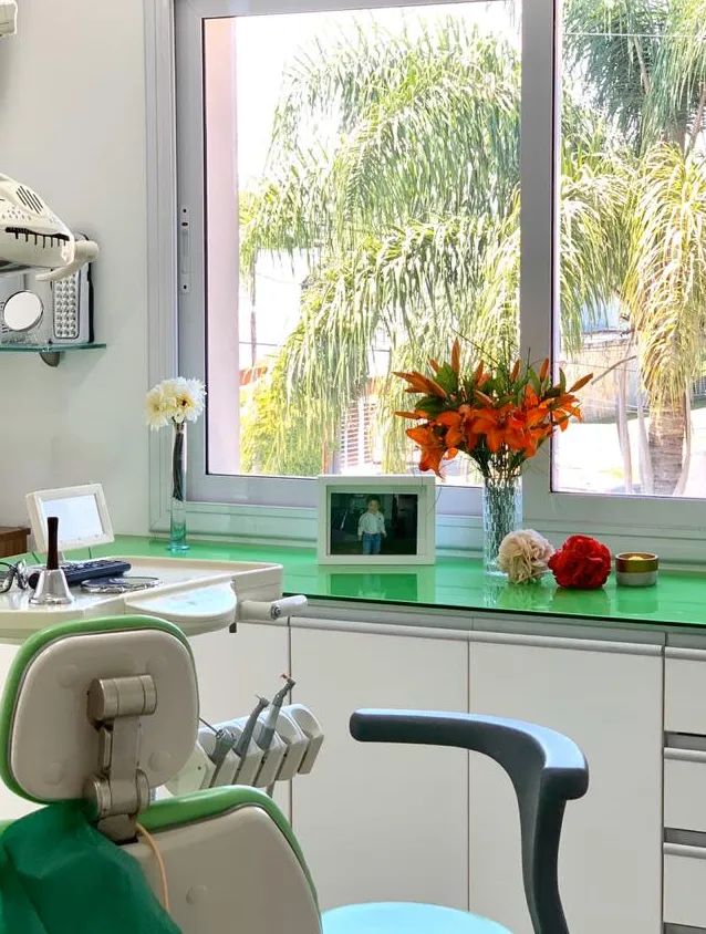 Consultorio con sillón odontológico verde y ventanal